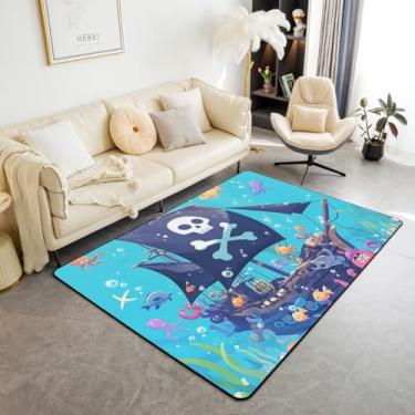 Imagem de Tapetes de desenho animado de barco pirata para sala de estar, 7,5 x 12,5 cm, fofo, polvo, oceano, peixe, tapete para crianças, adolescentes, engraçado, mundo submarino, corredor, antiderrapante