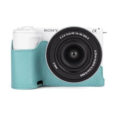 Imagem de MUZIRI KINOKOO Capa para câmera Sony ZV-E10 II - Capa protetora de couro genuíno estilo retrô para câmera Sony Alpha ZVE10 II/ZV-E10 II - com abertura inferior e design de mão - azul