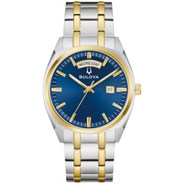 Imagem de Bulova Relógio masculino clássico de quartzo com 2 ponteiros para dia/data, ponteiros luminosos, 39 mm, Mostrador de dois tons dourado/azul