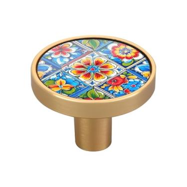 Imagem de Blueangle Pacote com 4 puxadores de armário de cerâmica mexicana 3,5 cm Puxadores redondos de gaveta para cômoda e armários de cozinha (506)