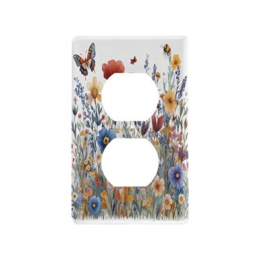 Imagem de Blueangle Placa de parede duplex Wildflowers Butterflies Outlets, tamanho padrão, placas de cobertura de tomada elétrica de 1 gangue para decoração de quarto de escritório em casa, 4,53 x 2,76