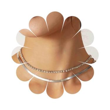 Imagem de Erimberate Corrente punk em camadas de tênis, gargantilha, prata, espinha de peixe, colar de cristal, colar de corrente plana de osso de cobra, joia para presentes femininos, Zinco, Sem Pedra Preciosa