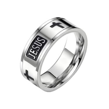 Imagem de HJIMMNHONG Anel de cruz masculino de aço inoxidável para batismo cristão, alianças de casamento, festa de fé, anéis de declaração de promessa, Aço inoxidável