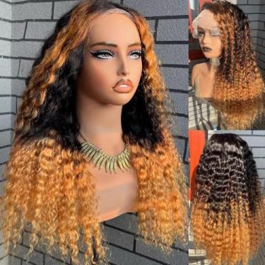 Imagem de Peruca ondulada profunda de densidade 220 33 x 15 destaque, ombré, HD, renda, transparente, onda profunda, peruca de cabelo humano ombré, pré-arrancada, molhada e ondulada, 1B/30 com cabelo de bebê 66