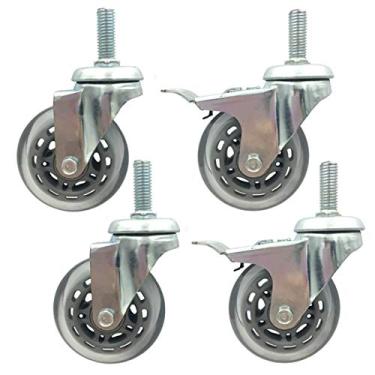 Imagem de Rodízios resistentes de 7,6 cm - Rodízios giratórios de poliuretano de 75 mm para móveis e carrinhos, capacidade de carga de 135 kg, haste rosqueada de 30 mm, pacote com 4 com freio