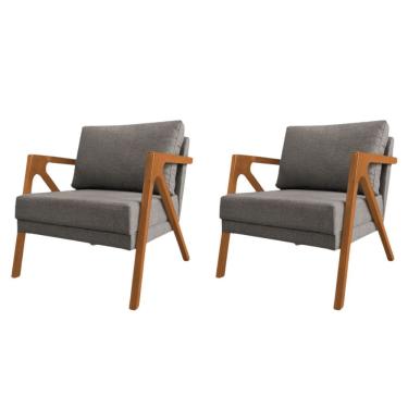 Imagem de Conjunto 2 Poltronas Sala De Estar Monique Madeira Cerejeira Grafite Linho