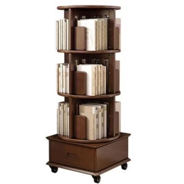 Imagem de Estante de madeira giratória de 360° com gaveta e rodas, organizador de 4 camadas de canto de nogueira para espaços pequenos
