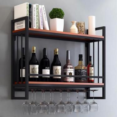 Imagem de Rack de vinho montado na parede - Prateleira flutuante de 2 camadas com suporte de vidro, exibição de garrafa de licor de metal para bar doméstico - Elegante preto e nogueira, armazenamento