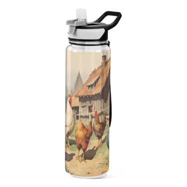 Imagem de Burbuja Garrafa de água Farmhouse de 946 ml com tampa de palha, à prova de vazamento e livre de BPA para academia, esportes ao ar livre
