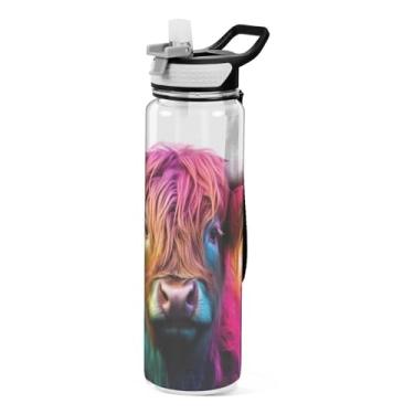 Imagem de Burbuja Garrafa de água colorida de vaca Highland de 940 ml com tampa de palha, à prova de vazamento e livre de BPA para academia, esportes ao ar livre