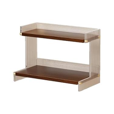 Imagem de UXUGHGHTI Prateleira de armazenamento de 2 camadas, madeira marrom com moldura de acrílico transparente, 40 x 20 x 28 cm, organizador de mesa para cozinha, rack de exibição de bancada