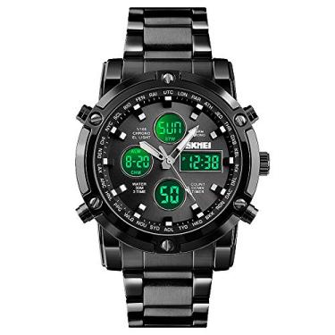 Imagem de Relógio digital analógico para homens, relógio masculino com visor duplo, alarme de contagem regressiva, cronômetro de LED, relógio de pulso Quatz para homens, Black-Black