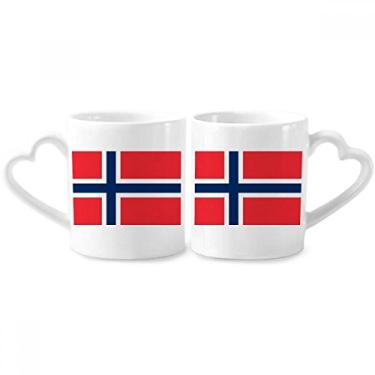 Imagem de Conjunto de canecas de porcelana para casal, bandeira nacional da Noruega, bandeira europeia, país e coração