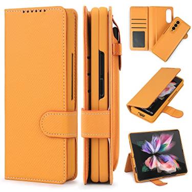 Imagem de Para Samsung Galaxy Z Fold 3 Fold 4 Case com S Pen Holder Sarja Destacável Carteira de Couro Vegano de Luxo Slot para Cartão, Laranja, Para Samsung Z Fold 4