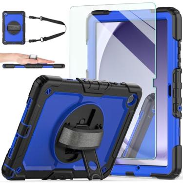 Imagem de Capa para Samsung Galaxy Tab A9+ 2023, [à prova de crianças] Capa protetora de corpo inteiro Ambison com protetor de tela de vidro temperado 9H, suporte giratório de 360° e alça de mão (azul)