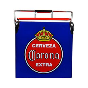 Imagem de Refrigerador Corona Retro Ice Chest com Abridor de Garrafas 13L (14 qt), capacidade para 18 latas, azul e vermelho, balde de gelo estilo vintage para camping, praia, piquenique, trailer, churrascos, bagaging, pesca