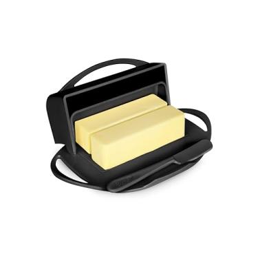 Imagem de Butterie Manteiga flip-top com tampa e faca combinando, comporta 2 palitos/manteiga europeia, suporte de manteiga sem bagunça, à prova de estilhaçamento, pode ser lavado na lava-louças, preto