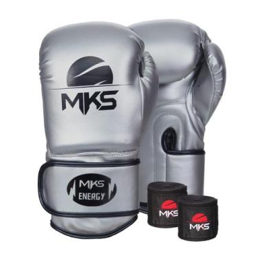 Imagem de Kit Luva de Boxe MKS Energy V2 Silver e Bandagem Preta 2,55m, 10oz