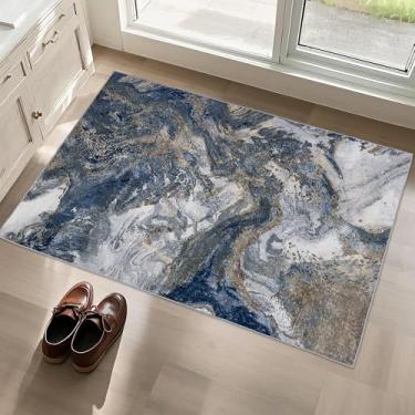 Imagem de Tapetes modernos laváveis na máquina para entrada: tapetes de área pequena de mármore azul 2x3 antiderrapantes - para banheiro interno, quarto, cabeceira