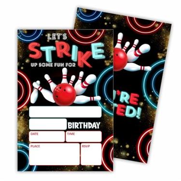 Imagem de Hsupl Cartões de convite de aniversário (10 x 15 cm - Let's Strike Up Some Fun - Conjunto de 20 convites de aniversário com envelopes - Convites de tema de boliche neon para meninos, adolescentes,