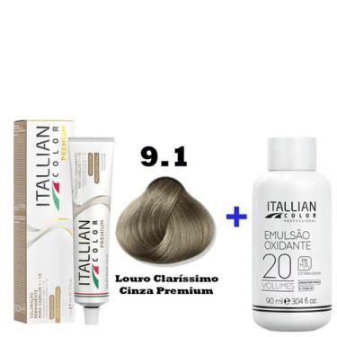 Imagem de Kit Coloração Itallian Premium 60g Louro Clarissimo Cinza 9.1 + Emulsã