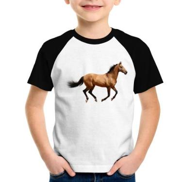 Imagem de Camiseta Raglan Infantil Cavalo Correndo - Foca na Moda, Branco, Preto