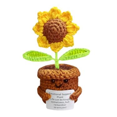 Imagem de Boneca de girassol com planta de crochê positiva com cartão inspirador, suporte emocional, mini flores engraçadas, presentes de animação feitos à mão, para amigos, amigos, estudantes, professores, mãe