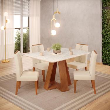 Imagem de Conjunto Sala de Jantar 4 Cadeiras Tampo Sem Vidro DJ Móveis Kiara Freijó Quartzo Yasmin Linho Neve