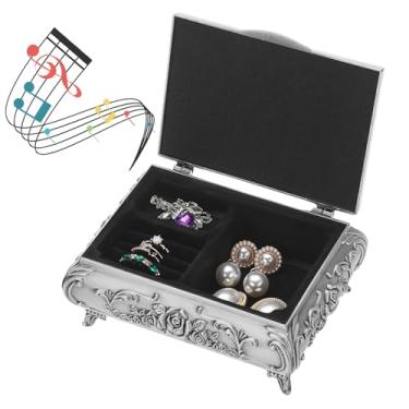 Imagem de ELLDOO Caixa de música vintage, caixa de joias musical de metal prateado, pequena caixa de armazenamento de joias de presente para meninas e mulheres (melodia: You are My Sunshine)