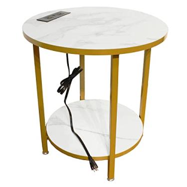 Imagem de Mesa lateral redonda com armazenamento, mesa de canto com 2 pneus com estação de carregamento, porta USB, saídas AC, porta tipo C, mesa pequena para sala de estar, quarto, corredor, placa de mesa de madeira branca, suporte de metal.