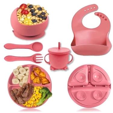 Imagem de Kit Refeição Infantil Bebe em Silicone, Introdução Alimentar, Livre de BPA Atóxico Antibacteriano Seguro Sem Pontas,Prato Dividido, Tigela, Copo com Alça, Babador e Talheres (Azul Petróleo)