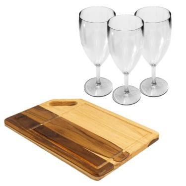 Imagem de Conjunto 1 Tábua Retangular Alça Vazada Madeira Wooden Glow Com 3 Copos de Whisky Ou 3 Taças De Vinho (Taça Vinho)