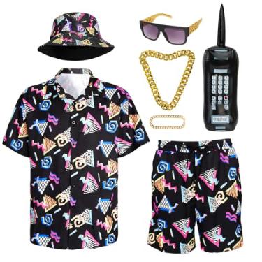 Imagem de FEELJAM Conjunto de camisetas e shorts retrô havaianos anos 80 e 90, roupa esportiva hip hop, 7 peças para festa discoteca (preto, grande)