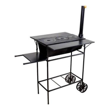 Imagem de Fogão A Lenha Chapa 03 Furos Carrinho E Chaminé 90x80x65cm - OURO MINA