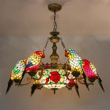 Imagem de Lustre contemporâneo de papagaio em estilo americano de luxo para sala de estar, restaurante, quarto, villa, hotel, café, bar, karaokê ou clube. Luminária pendente de vidro colorido com LED