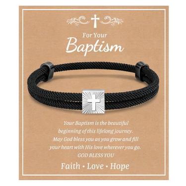Imagem de MEALGUET Pulseira de cruz de presentes cristãos para meninos: pulseiras de cruz de fé de corda preta ajustável para homens, ideias de presente de joias religiosas para o batismo de Natal, meias para