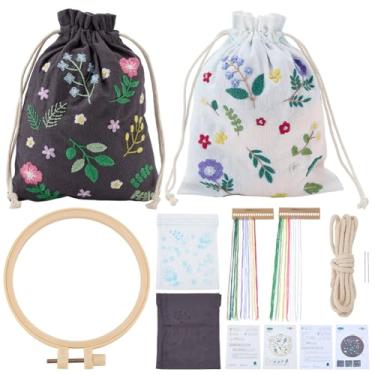 Imagem de WEBEEDY 2 conjuntos de kit de bolsa de cordão de bordado para iniciantes, kit de bordado completo de bolsa de armazenamento faça você mesmo com bordado com padrão floral pré-impresso para sacolas de