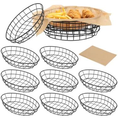 Imagem de 12 cestas de pão de arame, 23 x 16 x 4 cm, cestas ovais de alimentos para servir frutas, fast food e armazenamento, inclui 50 folhas de papel de embrulho, cesta de metal reutilizável e resistente à