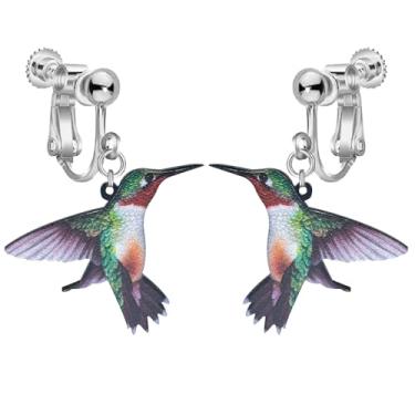 Imagem de Brincos com pingente de beija-flor colorido para mulheres, não perfurados, brincos de gota de pássaro novidade 2D, joias de animais zumbidos, Acrílico, Sem pedra preciosa