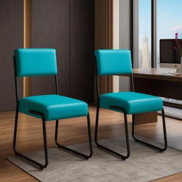 Imagem de Kit 2 Cadeiras Decorativa Sala De Estar Cozinha Jantar Flórida Couro Sintético Turquesa Tubo Preto