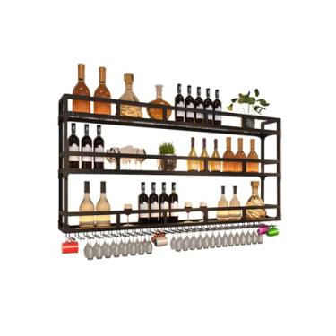 Imagem de HGTRH Rack de vinho montado na parede com luzes LED, rack de vinho montado na parede com suporte de vidro, suporte de vinho de ferro industrial de 3 níveis, pode conter várias garrafas de