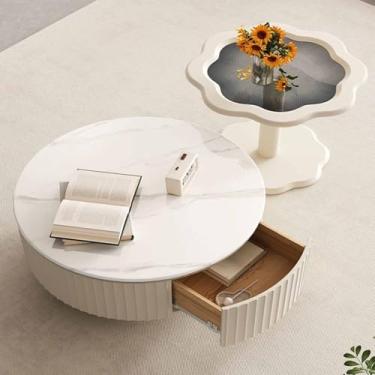 Imagem de Yadlan Conjunto de 2 mesas de centro redondas para espaços pequenos, mesas de centro de madeira para sala de estar, quarto, mesa de centro + mesa redonda