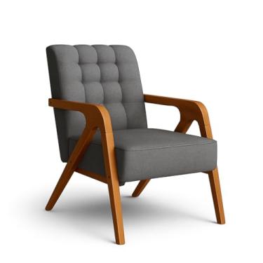 Imagem de Poltrona Cadeira Decorativa Estofada Linho Premium Pés Madeira Maciça para Sala de Estar Escritório e Recepção Confortável (Cinza Escuro)