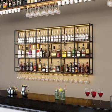 Imagem de HGTRH Rack de vinho montado na parede com luzes, suporte de parede para vinho com suporte de vidro e prateleira de armazenamento, suportes de garrafa de vinho de 3 níveis, prateleiras flutuantes para