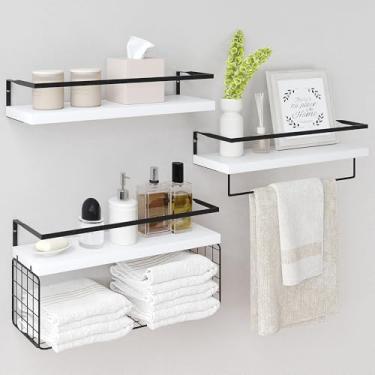 Imagem de LUDORU Prateleiras flutuantes de madeira branca montadas na parede – Prateleiras de parede de banheiro rústicas de 3+1 nível sobre vaso sanitário com cesta de armazenamento de arame e barra de toalha