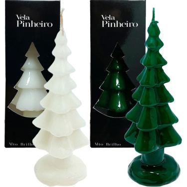 Imagem de Velas Decoração Pinheiro Natalino Verde Branco 20cm Kit 2pçs