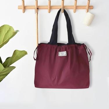 Imagem de Sacola de nylon de grande capacidade com fecho de cordão, bolsa de ombro leve para compras, viagens e esportes, vinho tinto