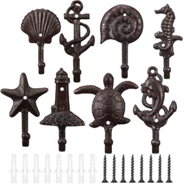 Imagem de Otoolling Conjunto de 8 ganchos náuticos de ferro fundido, tema de praia, oceano, chique, gancho de metal, farol, ganchos de parede resistentes para casacos, bolsas, toalhas para pendurar