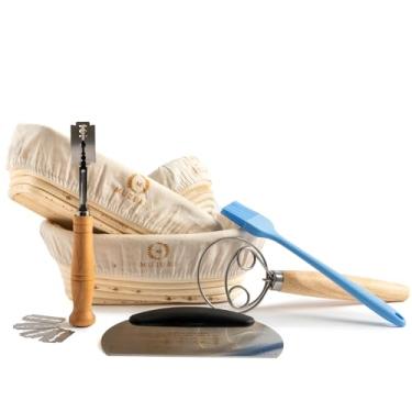 Imagem de MUZURI Conjunto de 3 cesta Banneton Sourdough Banneton, oval, 23 cm, retangular de 23 cm e mini kit de impermeabilização de pão redondo Banneton com forro de linho, tapete de massa, raspador de massa