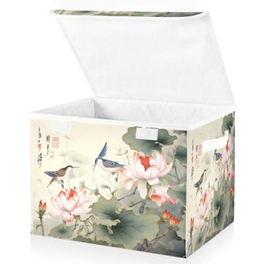 Imagem de Blueangle Cestos de armazenamento florais de beija-flores chineses com tampas, 42 x 32 x 30 cm, cesta organizadora grande dobrável para decoração de escritório e armário (335)